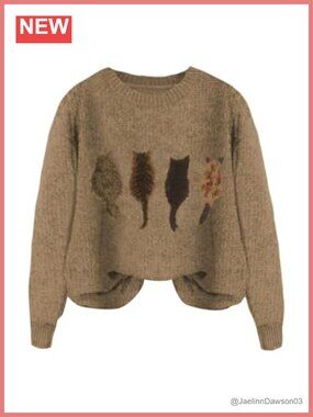 Cat Graphic Sweater Long Sleeve Crew Neck Knit Pullover